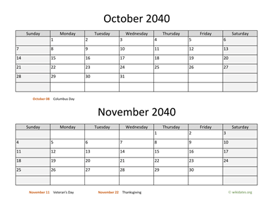 October and November 2040 Calendar Horizontal
