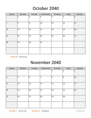 October and November 2040 Calendar Vertical