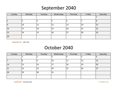 September and October 2040 Calendar Horizontal