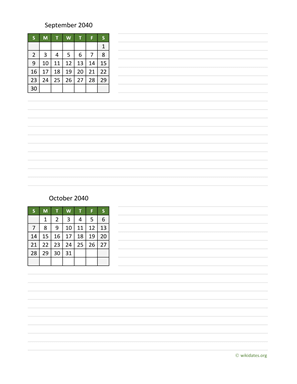 September and October 2040 Calendar with Notes