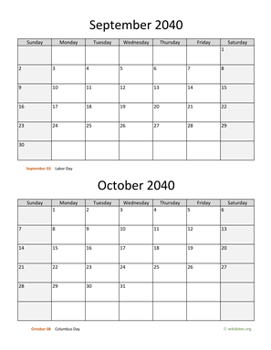 September and October 2040 Calendar Vertical