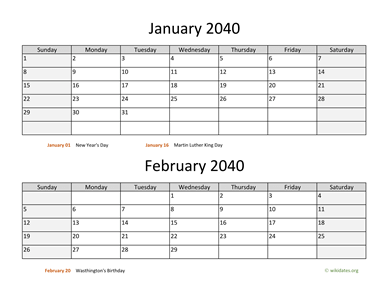 Two Months 2040 Calendar Horizontal