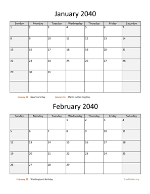 Two Months 2040 Calendar Vertical