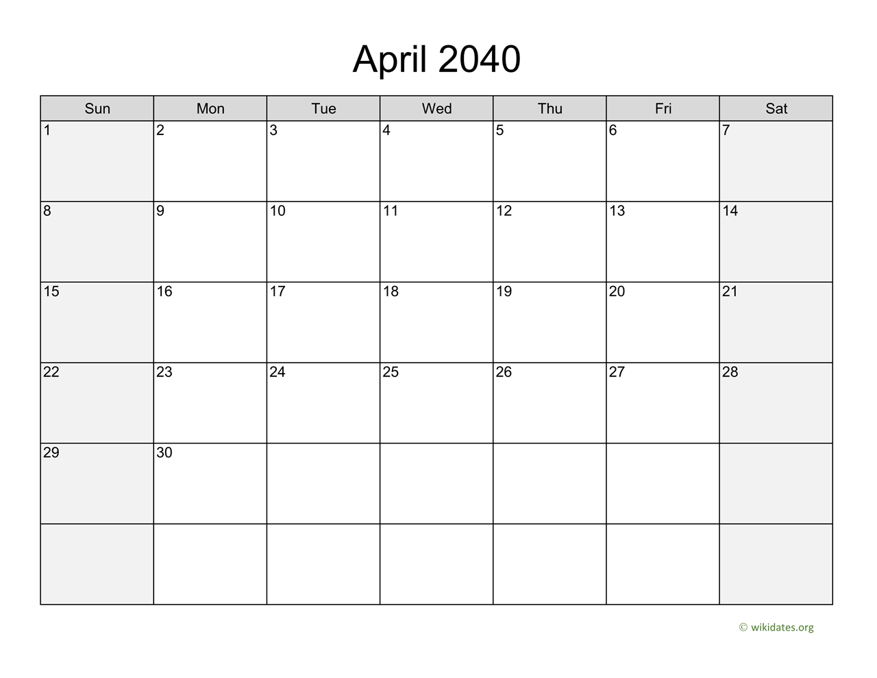 April 2040 Calendar with Weekend Shaded | WikiDates.org