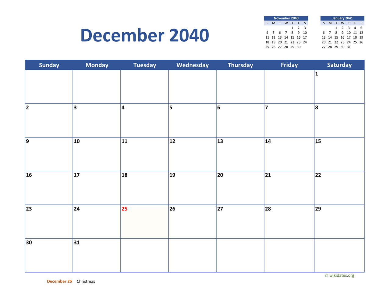 December 2040 Calendar Classic | WikiDates.org