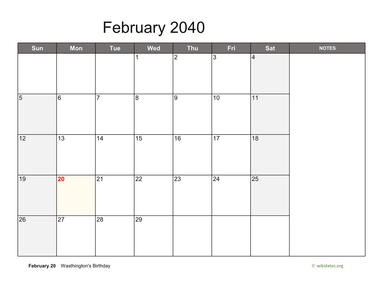 February 2040 Calendar with Notes | WikiDates.org