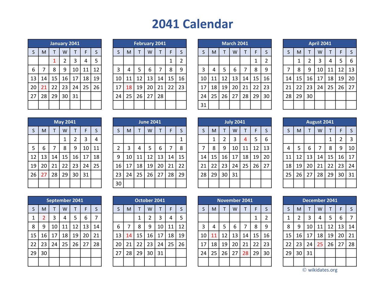 2041 Calendar in PDF | WikiDates.org