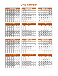 Full Year 2041 Calendar on one page