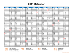 2041 Calendar Horizontal, One Page
