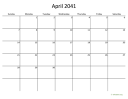 April 2041 Calendar with Bigger boxes