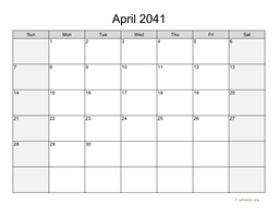 April 2041 Calendar with Weekend Shaded