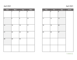 April 2041 Calendar on two pages