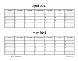 April and May 2041 Calendar