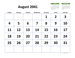 August 2041 Calendar with Extra-large Dates