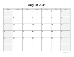 August 2041 Calendar with Weekend Shaded