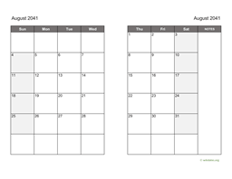 August 2041 Calendar on two pages