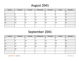 August and September 2041 Calendar