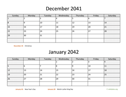 December 2041 and January 2042 Calendar
