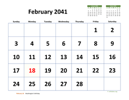 February 2041 Calendar with Extra-large Dates