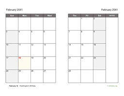 February 2041 Calendar on two pages
