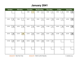 January 2041 Calendar with Day Numbers