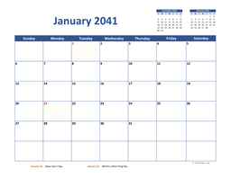 January 2041 Calendar Classic