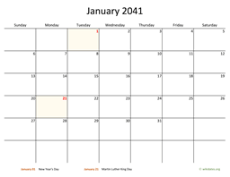 January 2041 Calendar with Bigger boxes