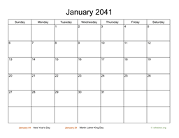 Basic Calendar for January 2041