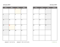 January 2041 Calendar on two pages