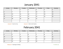 January and February 2041 Calendar