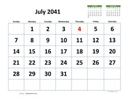 July 2041 Calendar with Extra-large Dates