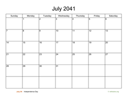 Basic Calendar for July 2041