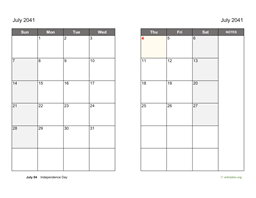 July 2041 Calendar on two pages