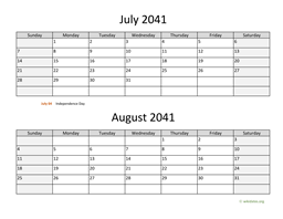 July and August 2041 Calendar