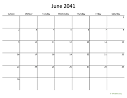 June 2041 Calendar with Bigger boxes
