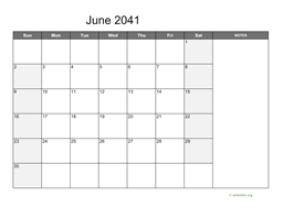 June 2041 Calendar with Notes