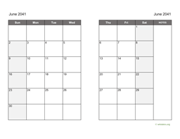 June 2041 Calendar on two pages