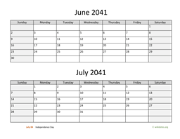 June and July 2041 Calendar