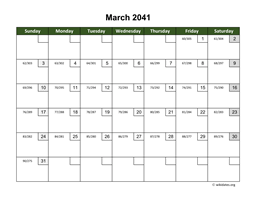 March 2041 Calendar with Day Numbers