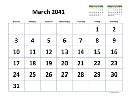 March 2041 Calendar with Extra-large Dates