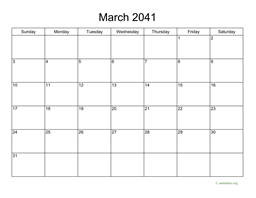 Basic Calendar for March 2041