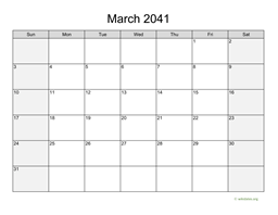 March 2041 Calendar with Weekend Shaded