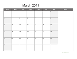 March 2041 Calendar with Notes