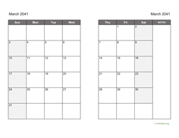 March 2041 Calendar on two pages