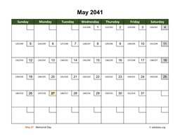 May 2041 Calendar with Day Numbers