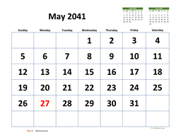 May 2041 Calendar with Extra-large Dates