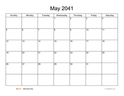 Basic Calendar for May 2041