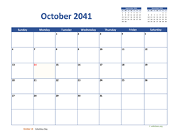October 2041 Calendar Classic