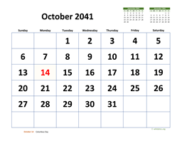 October 2041 Calendar with Extra-large Dates