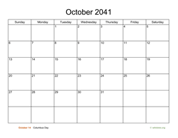 Basic Calendar for October 2041